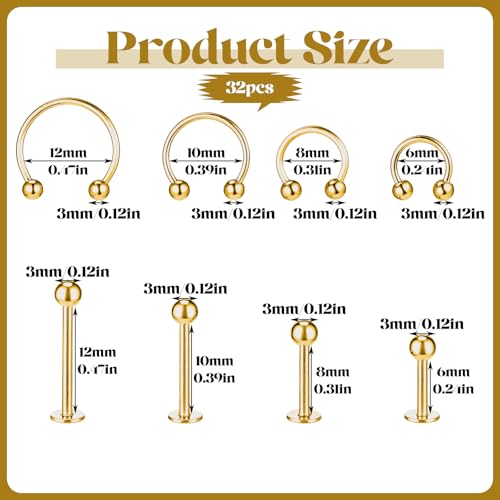 64 PCS Jewelry Lip Barbell Ring Lip Rings Vertical Labret Medusa Snake Bite Earring Piercing Jewelry Helix Earring Daith Tragus Cartilage Studs Steel for Women Men - color: gold
