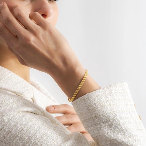 Gold Bracelets for Women, 14K Gold Plated Stackable Bracelet Stack Set Adjustable Charm Paperclip Chain Snake Link Layered Waterproof Jewelry Sets Gifts - style: Herringbone Chain GD