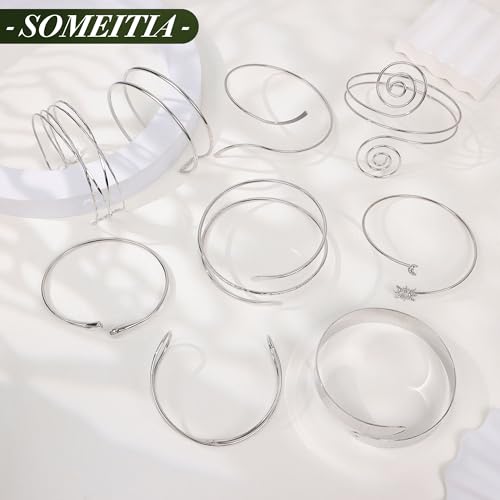 9Pcs Arm Cuff Bracelets Gold Upper Arm Cuff for Women Adjustable Upper Arm Bangle Bracelet Minimalist Irregular Arm Bangle Armband Coil Swirl Armlets Armband Jewelry Set - color: Silver A
