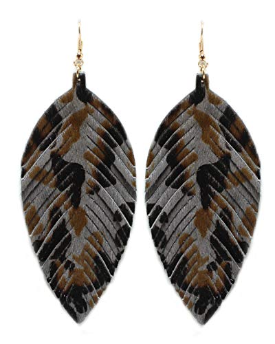 Large Genuine Soft Leather Handmade Fringe Feather Lightweight Tear Drop Dangle Color Earrings for Women Girls Fashion - color: GREY-LEOPARD