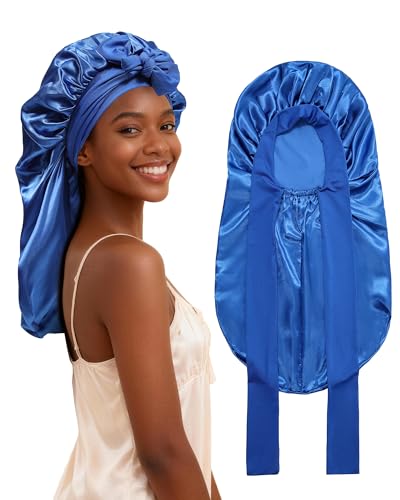 AWAYTR Long Satin Bonnet for Braids - Elastic Silk Hair Bonnets for Sleeping Night Cap Stretchy Tie Band for Women（Royal Blue） - color: Royal Blue