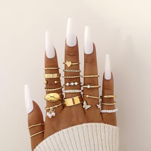 FAXHION 24-60 Pcs Gold Stackable Rings for Women, Knuckle Rings Chunky Gold Ring Set Dainty Stacking Cute Rings, Multiple Sizes Cute Jewelry Set Gift - style: Gold-21 Pcs