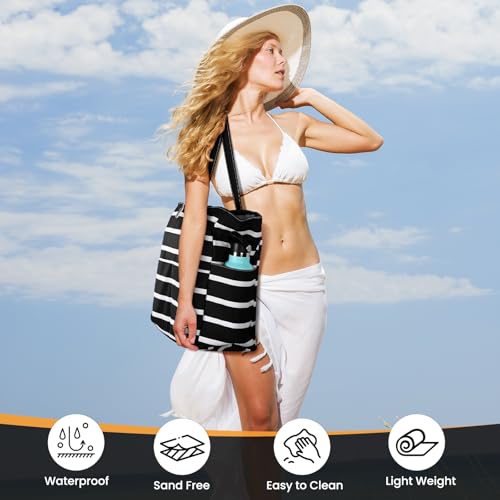 Trifabricy Beach Bags for Women Waterproof Sandproof Women Tote Bag, Large Beach Bag with Zipper for Gym Travel Vocation - color: Black
