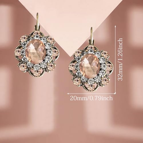 Handmade Bohemian Vintage Gold Sparkly Crystal Round Flower Leverback Earrings Cute Rhinestone Geometry Dangle Drop Earring for Women - color: Orange Pink