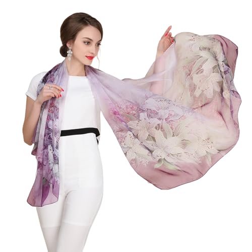 100% Mulberry Silk Women's Neck Silk Scarf-Lightweight Shawl,FLoral Print Beach Silk Wrap-Scarves for Photography - color: Purple Lily