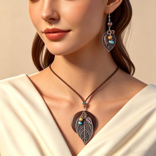 Wooden Leather Necklaces Set Bohemian Wood Stack Discs Long Chain Hemp Rope Bronze Plated Pendant Ethnic Tribal Fall Leaf Earrings Jewelry Statement Necklace - color: R-020