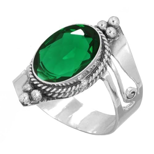 Handmade 925 Sterling Silver Plated Ring Natural Gemstone Carnelian, Rose Quartz, Tiger Eye, Crystal Oval Boho Jewelry For Women - color: Emerald Simulated