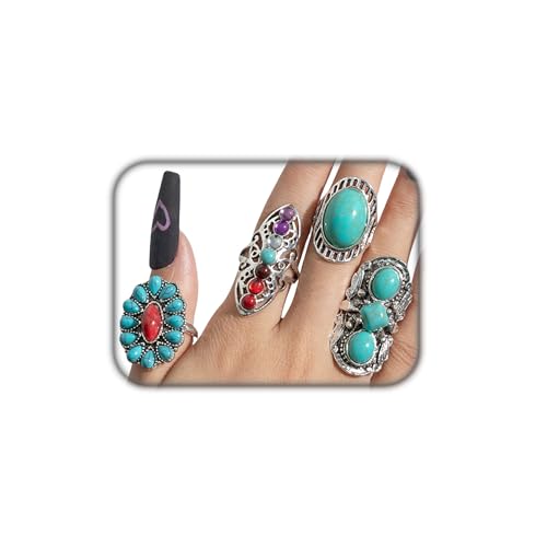 Bohemian Turquoise Ring for Women Chunky Gold Flower Statement Rings Vintage Round Turquoises Stackable Knuckle Ring Set for Women Western Jewelry - style: Silver Turquoise ring-4Pcs