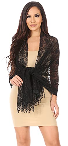 Sakkas Mari Women's Large Lightweight Soft Lace Scarf Wrap Shawl Floral and Fringe - color: Black Lace