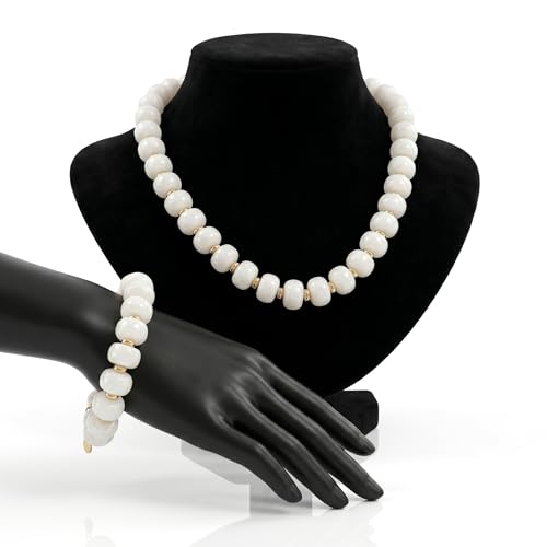 Gmai Chunky Bead Necklace and Bracelet Set for Women Boho Big Bead Statement Necklace Adjustable Fashion Trendy Summer Necklaces Jewelry Gift Set - color: white 2pcs set