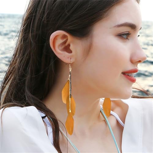 coadipress Boho Piercing Tassel Feather Long Chain Earrings Retro Lightweight Native Feather Dangle Drop Earrings for Women Bohemian Handmade Natural Feathers Earring Jewelry - color: Khaki
