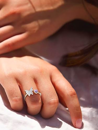 Bestyle 925 Sterling Silver Butterfly Ring Hypoallergnic Adjustable Birthstone Rings for Women Butterfly Jewelry Gifts for Anniversary Mothers' Day Birthday - color: 06.June (Alexandrite)-Ring Delicate