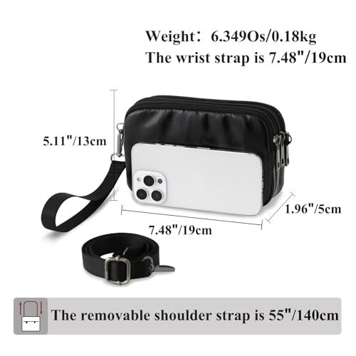 Small Wristlet Wallet for Women, 3-Zip Crossbody Phone Purse - color: Black/Pull-up-pvc