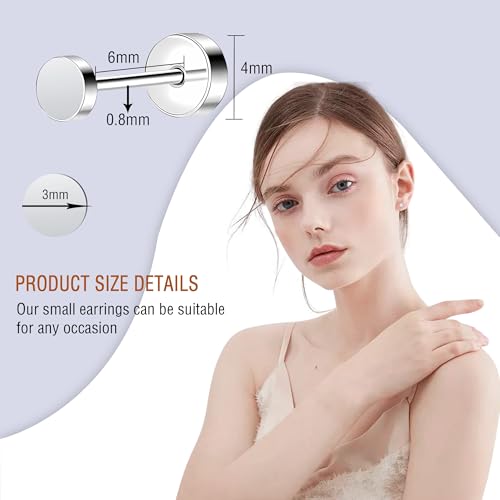 ZDE Women Earrings Flat Back Dot Earrings Titanium Hypoallergenic Cartilage Non-Nickel Earrings Studs for Sensitive Ears Simple Classic 3mm/4mm/5mm/6mm Screw On Stud Earring - color: Silver, size: 3MM