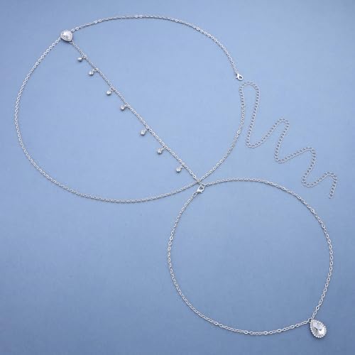 Wedding Back Necklace for Backless Dress Gold Silver Cz Bridal Backdrop Necklace Choker Rhinestone Teardrop Brides Back Body Chain Sparkly Crystal Diamond Long Drop Y Lariat Pendant Bridesmaid Women - color: Silver
