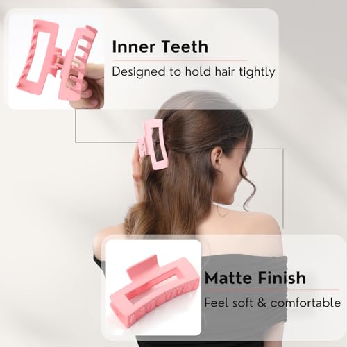 12 Pcs Pink Large Square Hair Claw Clips for Women, 4.3-Inch Matte Rectangle Claw, Strong Hold Non-slip Hair Clips for Thick & Thin Hair - color: Pink