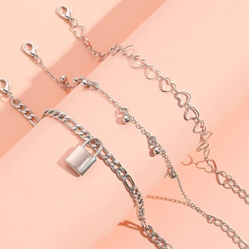 3 Pcs Layered Silver Tone Anklets for Women Trendy Lock Heart Charm Ankle Bracelets Set Adjustable Chunky Figaro Foot Jewelry Gifts