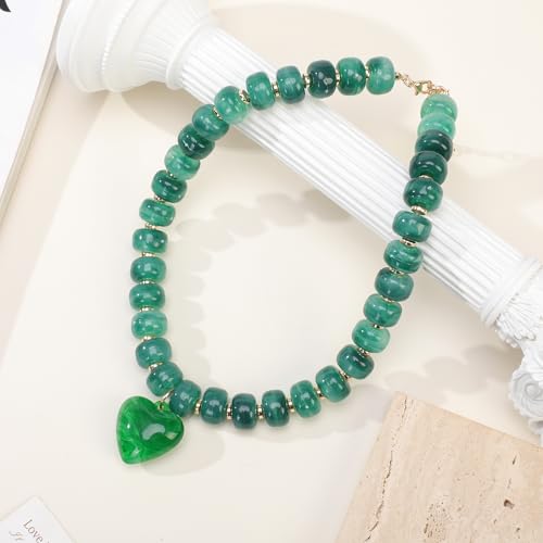 Chunky Colorful Beaded Statement Boho Summer Beach Chokers Necklace Heart Pendant Pink Green Yellow Brown Fashion Jewelry - color: Gold-Green