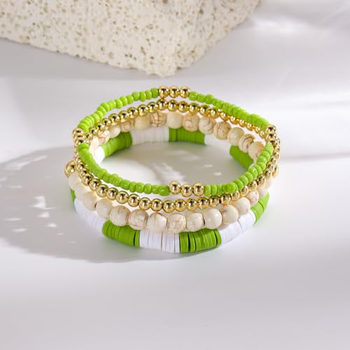 Caiyao Bohemia Multilayer Heart Imitation Pearl Beaded Stackable Bracelets Set Colorful Surfer Heishi Clay Gold Beads Stretch Bracelets for Women Men Summer Beach Boho Vacation Jewelry Gifts - color: Z-green