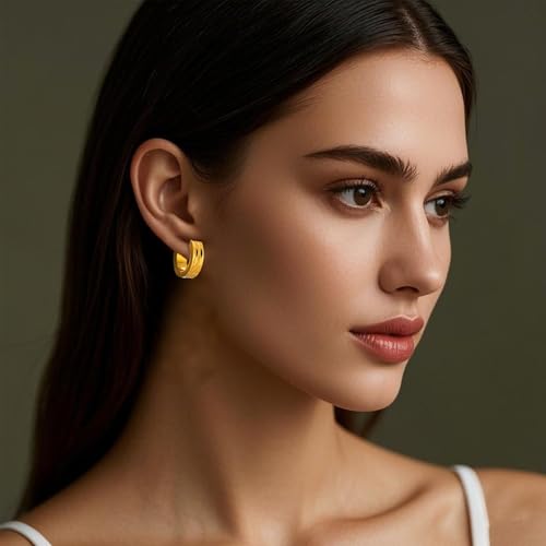 Stainless Steel Hoop Earrings for Women Gold Tone Geometric, Huggie Heart Twisted Minimalist Engraved Designs for Daily Wear - color: Gold04_13mm*14mm