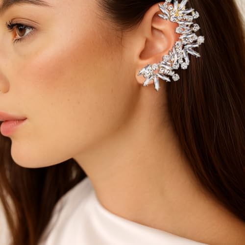 Rhinestone Silver Full Ear Cuff Earrings for Women Ear Clip Wrap Statement Climber Crawler Earrings for Women Hypoallergenic Silver Wedding Jewelry Gifts - color: Gold Left