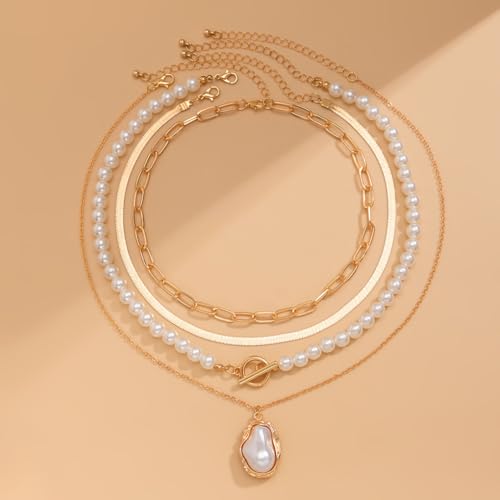 Layered Pearl Necklace for Women,Chunky Baroque Pearl Statement Necklace,Gold Irregular Bead Necklace Vintage Jewelry