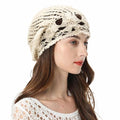 ZLYC Women Cotton Crochet Slouchy Beanie Hat Handmade Knit Summer Skull Cap - color: Flowers Beige