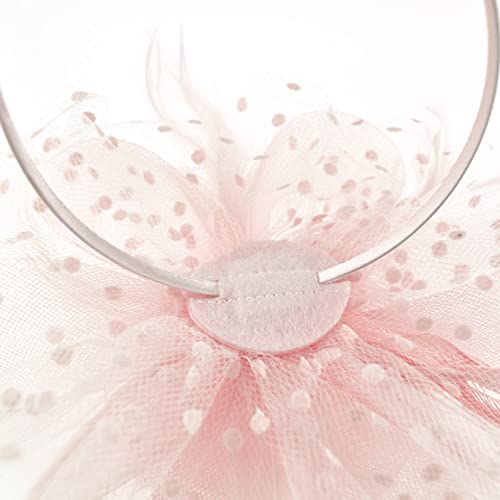DRESHOW Fascinators Hat Flower Mesh Ribbons Feathers on a Headband and a Clip Tea Party Headwear for Girls and Women - color: 7" Diameter / Blush Pink
