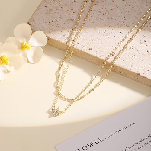 CAROVO Gold Necklace for Women Dainty 14K Gold Plated Choker Cross Flower Cubic Zirconia Necklaces Simple Layered Gold Chain Trendy Jewelry Gifts for Women - style: B:Layered Flowet CZ Necklace