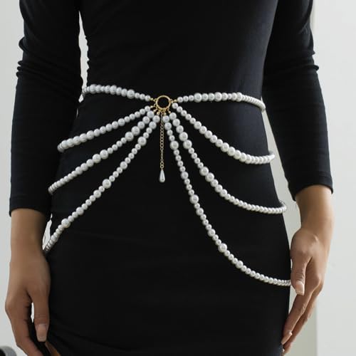 Multilayer Imitation Pearl Waist Chain for Women Trendy Waistband White Pearl Body Chain Long Tassel Pendant Waist Chain Wedding Bridal Dress Belt Fashion Trend Metal Chain Body Chain Jewelry - color: Gold