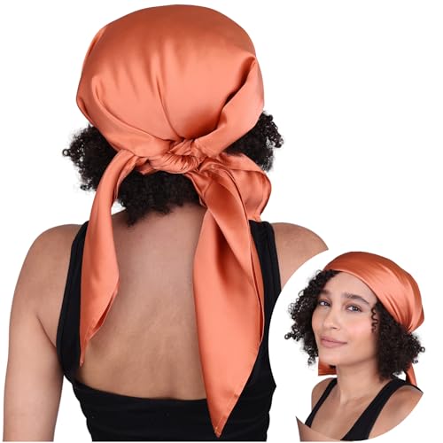 100% Mulberry Silk Head Scarf Large 36" - 19 Momme Women's Hair Wrap for Sleeping, Reduce Frizz & Damage, Natural Soft Silk - color: Copper