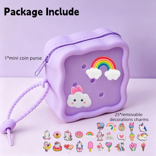 Soft Silicone Zipper Coin Purse Lovely Cartoon Hole Design Miniature Wallet Children's Storage Pouches Organizers For Kid with 25pcs DIY Charms (Purple) - color: Purple
