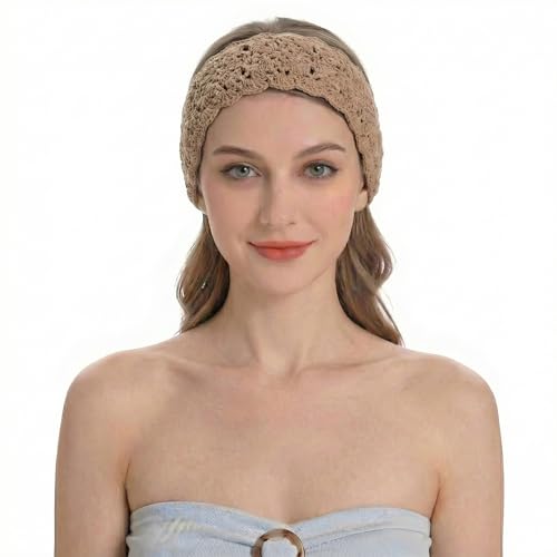 ZLYC Women Headband Handmade Crochet Knit Boho Flower Hair Bands (Crochet Khaki) - color: Crochet Khaki