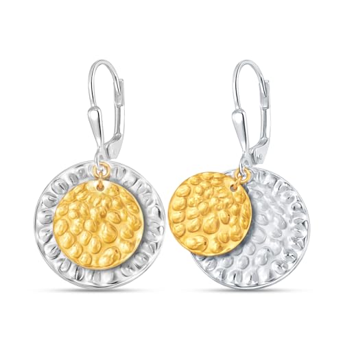 LeCalla 925 Sterling Silver Drop & Dangle Earrings for Women | Handmade Hammered Textured Drop Dangle Earring Jewelry | Women's Hammered Earrings Jewelry for Gift Mom Wife - color: Two-Tone Disc