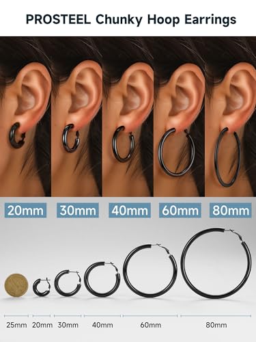 Stainless Steel Chunky Hoop Earrings For Women, Minimalist and Chic, Black/Gold Plated, Round Hoops Earrings Hypoallergenic, Size: 30mm/40mm/60mm/80mm, Come with Box - color: 1. Black, size: 20MM