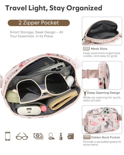 Pritent Fanny Packs for Women Cross Body Bag Waterproof Belt Bag with Adjustable Strap and Zipper Back Pocket Small Crossbody Bags Fashion Waist Packs for Workout Travelling(Flamingo Print) - color: Flamingo Print, size: Small