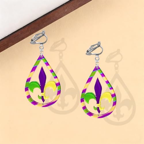 Mardi Gras Clip on Earrings for Women Boho Acrylic Parade Lette Mardi Gras Carnival Clip on Earrings Holiday Festival Jewelry Gifts Accessory - color: style1
