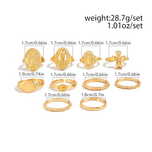 10Pcs Retro Gold Stackable Rings Sets for Women Trendy Vintage Cross Rings Pack Chunky Knuckle Finger Ring Minimalist Statement Jewelry - color: Gold