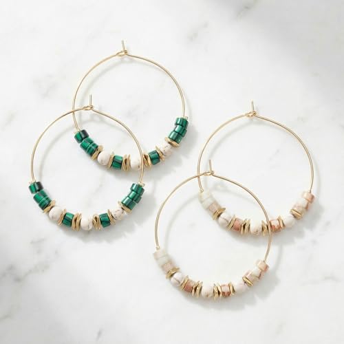 Natural Stone Beaded Hoop Earrings for Women, Boho Handmade Lightweight Hypoallergenic Trendy Summer Beach Accessories Fashion Jewelry Gift - color: Green