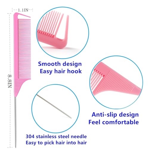 Schembo 10 Packs Rat Tail Combs Metal Pick Styling Parting Lightweight Sectioning Fine Tooth Combs with Heat Resistant Teasing Comb for Women, Men, Girls Hair Styling