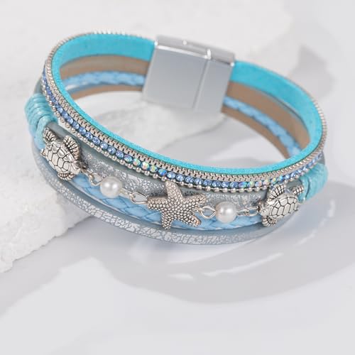 FANCY SHINY Turtle Starfish Leather Wrap Bracelet Boho Rhinestone Pearl Cuff Bracelets for Women Summer Beach Jewelry for Women - color: Blue