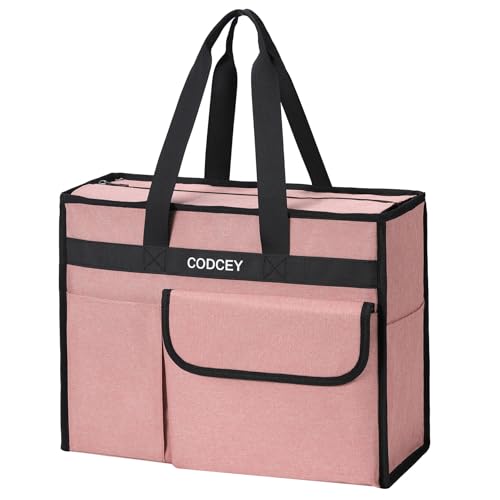 Large Utility Tote Bag with Reinforced Bottom, Waterproof Multi Pockets Beach Tote Bag for Travel, Work, School - color: Pink