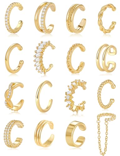 Tornito 16Pcs Ear Cuff Earrings for Women Non Piercing Ear Cuffs Cubic Zirconia Ears Clip on Earring Cartilage Helix Wrap Fake Earrings Jewelry Adjustable Gold Silver Plated - color: Gold