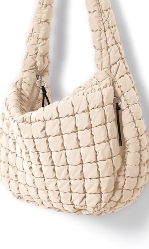 ODODOS Quilted Carryall Tote Bag for Women Crossbody Hobo Lightweight Padding Shoulder Bag - color: Ivory