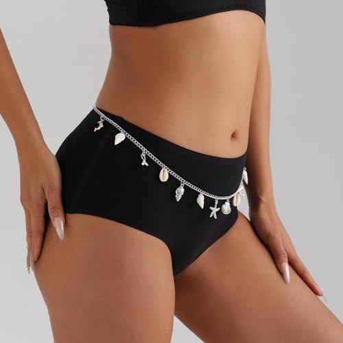 Boho Pearl Shell Waist Body Chain Starfish Conch Belly Chain Beach Bikini Body Chain Ocean Trinkets Waist Chain Belt - color: Silver