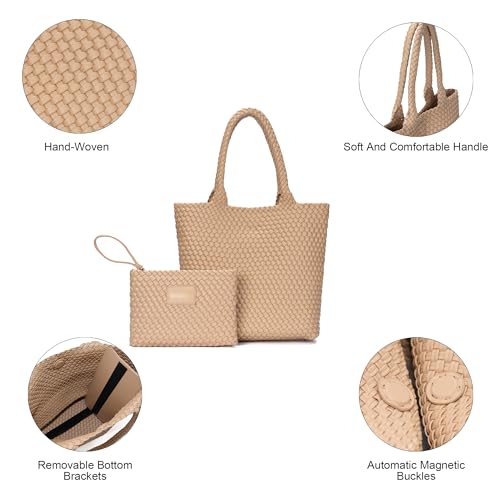 BAGOK Woven Tote Bag for Women, Handwoven Vegan Leather Shoulder Bag with Clutch, Large Tote for Work, Travel & Beach - color: Apricot