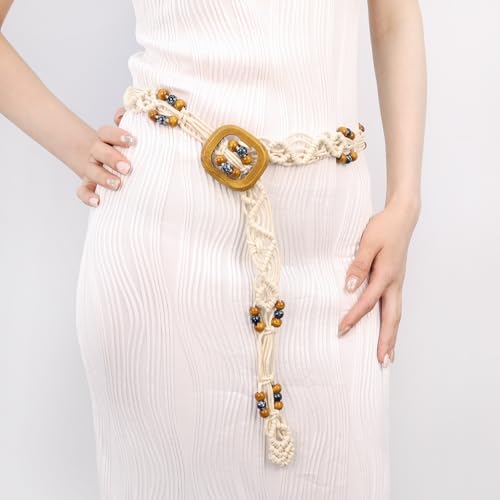Women Braided Waist Belt Boho Woven Belt with Wooden Beads and Ring Clasp Vintage Long Tassel Rope Tie Belt for Dress - color: Beige 5