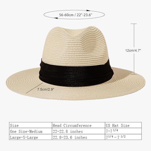 Lanzom Women Wide Brim Straw Panama Roll up Hat Fedora Beach Sun Hat UPF50+ - color: 01-fold Belt Khaki, size: Large-X-Large