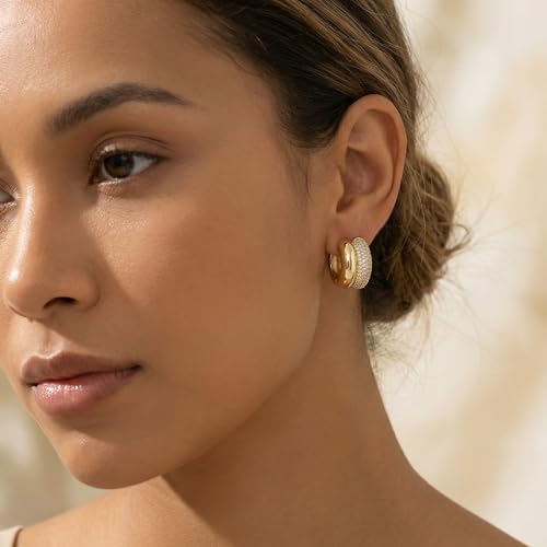 4 Pair Small Gold Hoop Earrings for Women Sensitive Ears - Hypoallergenic 14k Real Gold Plated Hoops Zirconia Cartilage Huggie Earrings Set Helix Piercing Earring Gold Jewelry for Women Gift - color: 1952 Double Hoop Gold