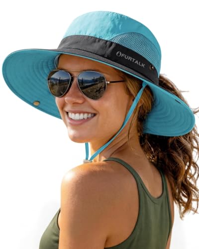 FURTALK Womens Sun Hat with Ponytail Hole Beach Hiking Summer Wide Brim UPF 50+ Outdoor Protection Foldable Bucket Hat - color: Blue